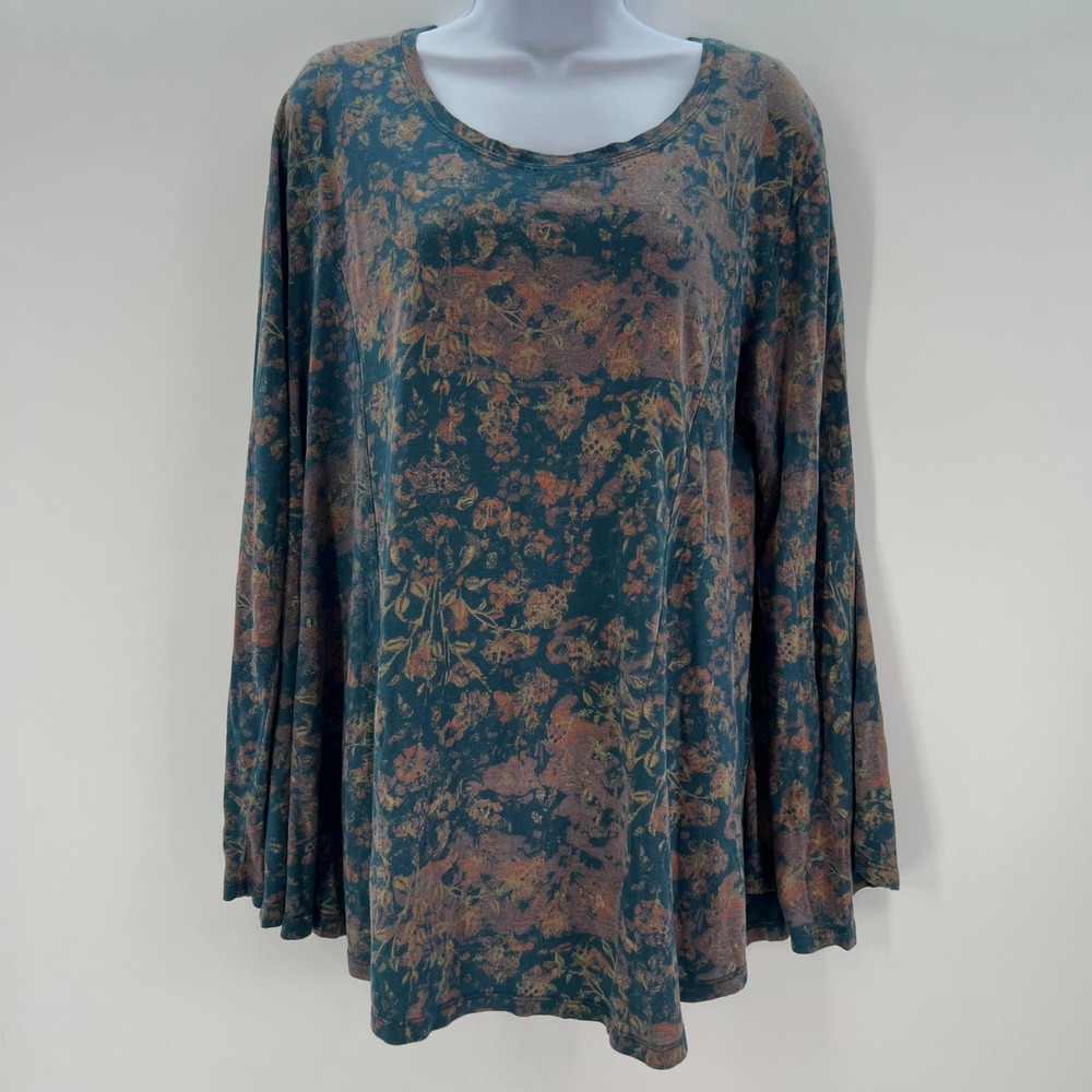 Peruvian Connection Teal Boho Floral Pima Cotton Modal Top M/L Long Sleeve